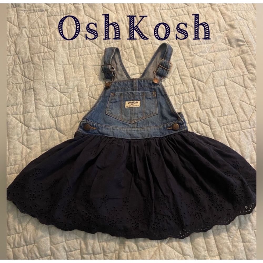 EUC Oshkosh B’gosh girl dress, denim overall bib & navy blue lace skirt, size 3T